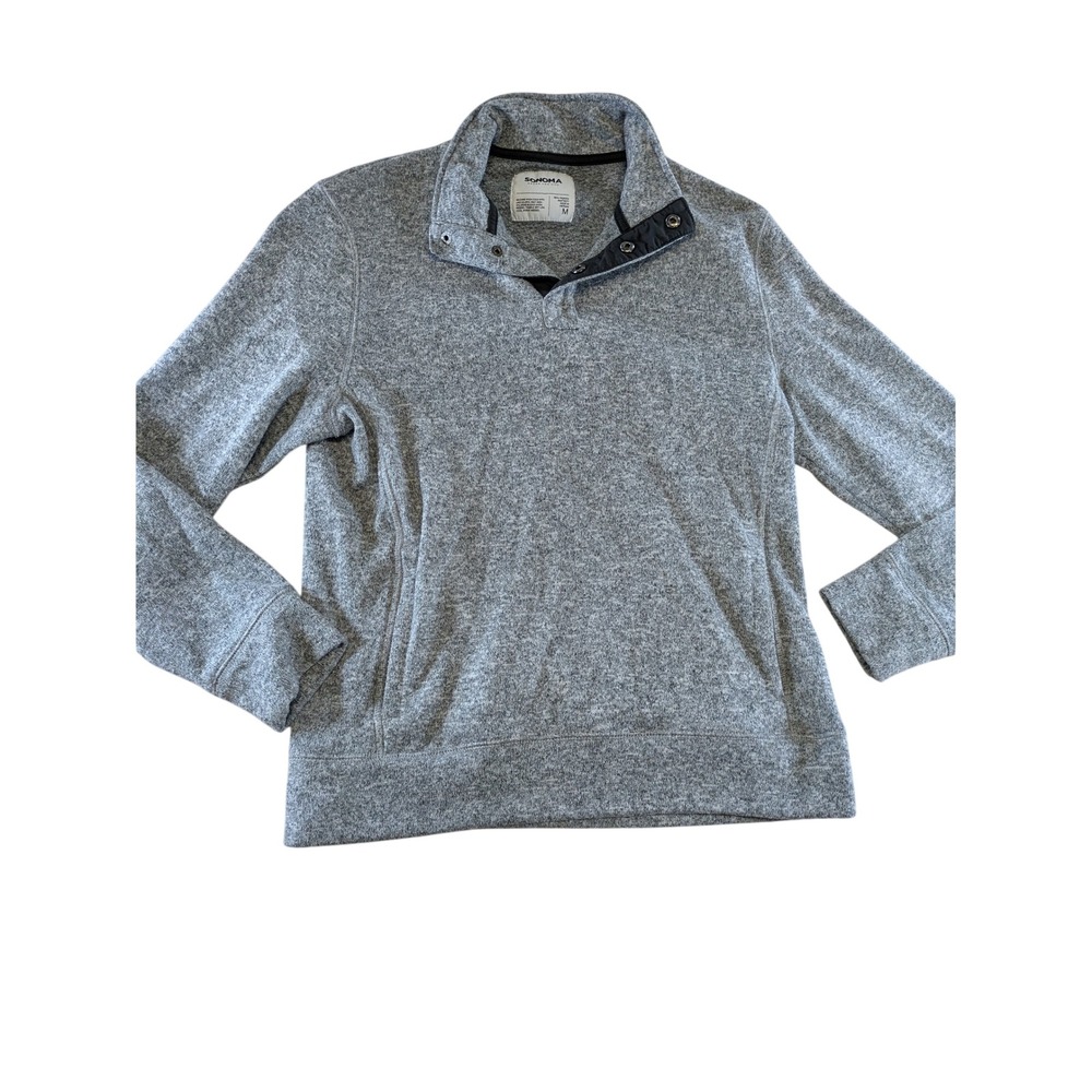 Sonoma Mens Medium Heather Gray Marled Fleece Snap Mock Neck Pullover Sweater
